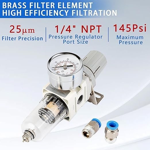 1/4" NPT Compressed Air Filter Regulator Combo, 5 Micron Brass Filter