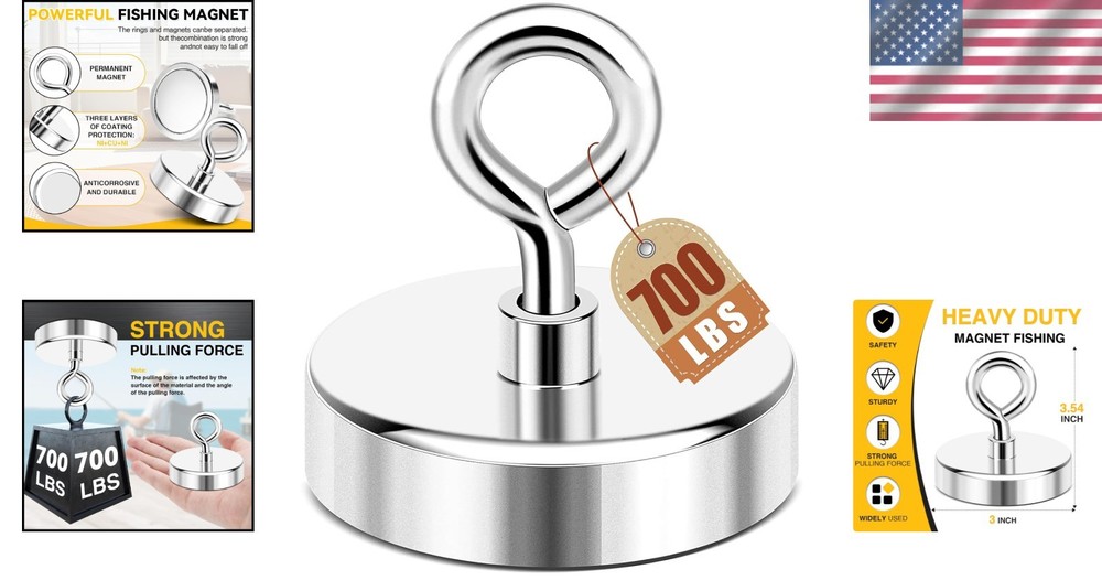 700LB Neodymium Magnet with Countersunk Eyebolt - Rust Resistant Design