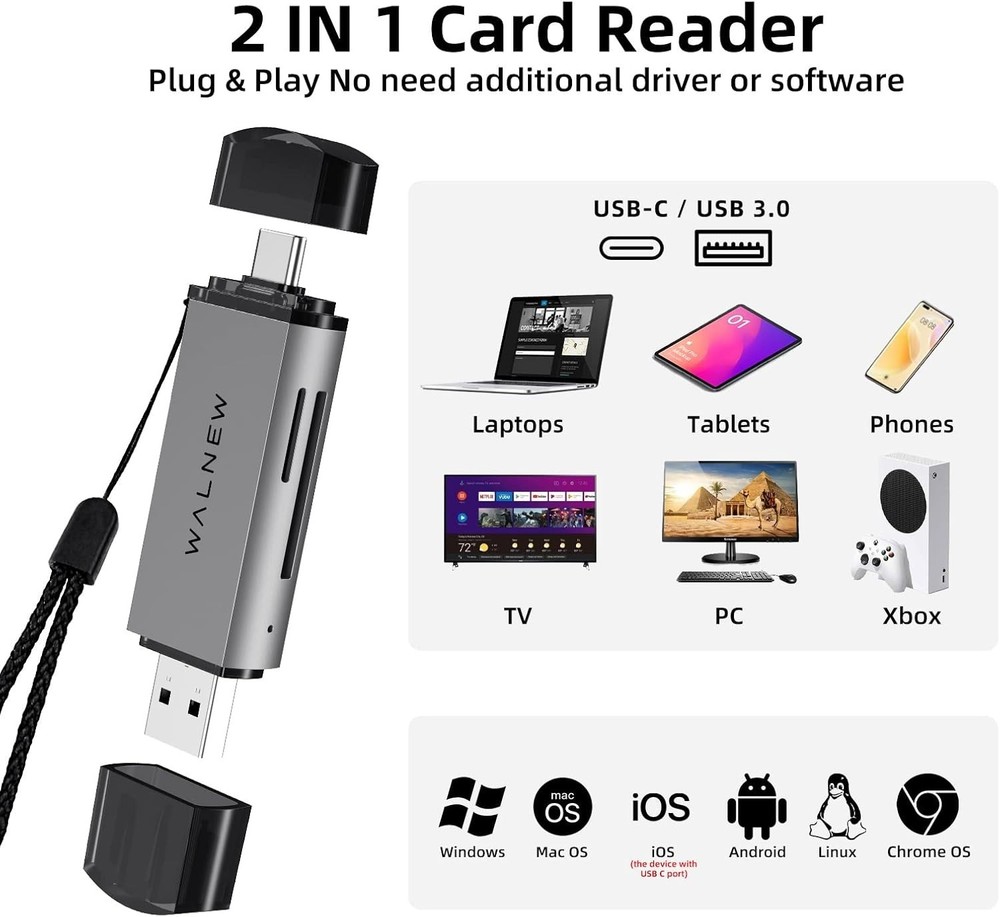 Compact Dual Slot USB 3.0 & USB-C Memory Card Reader - Quick File Transfers