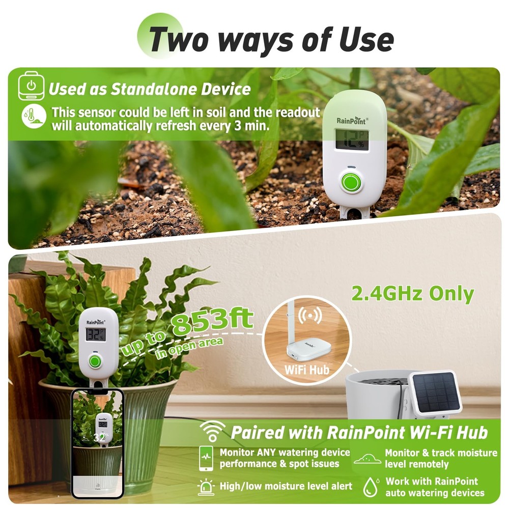 RAINPOINT Smart Digital Wireless Plant Moisture Meter Sensor + Hub