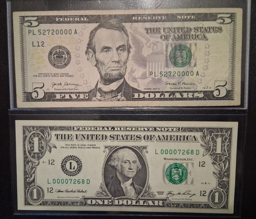 US ONE and FIVE DOLLARS 2006-2017 LOW SERIAL NUMBER VF