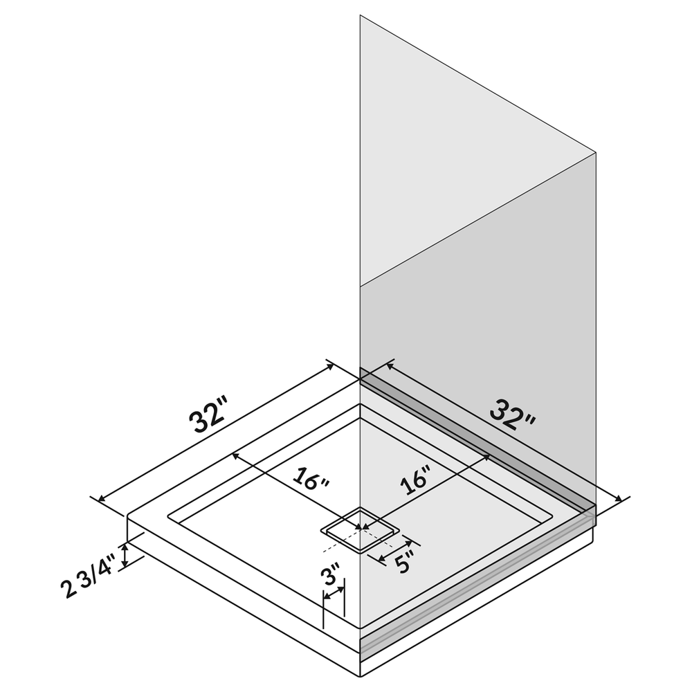 32"x32" Shower Base Pan Left Double Threshold Wall Corner Center Drain LessCare