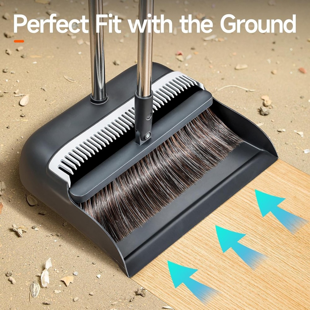 Broom and Dustpan Set, Extra Brush Head & 52" Adjustable Long Handle Standing