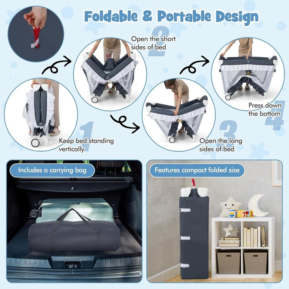 Foldable Pack and Play with Wheels, Pink Bassinet
