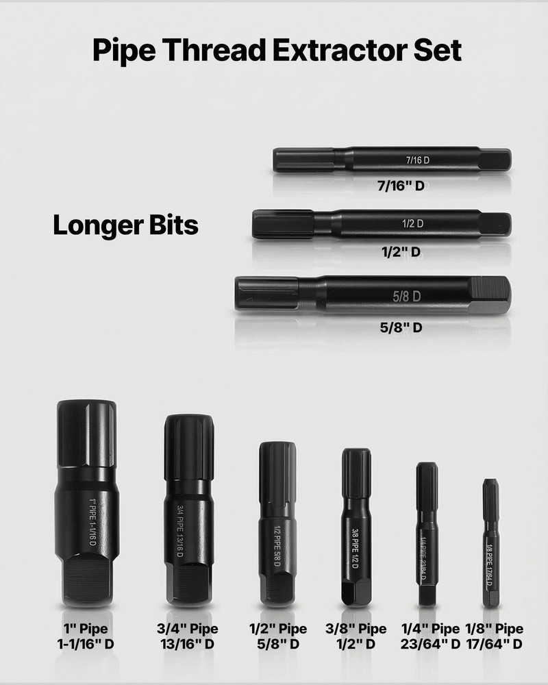 Pipe Extractor Set, 9 PCS Heavy Duty Steel Broken Pipe Extractors, w/ Solid Hand