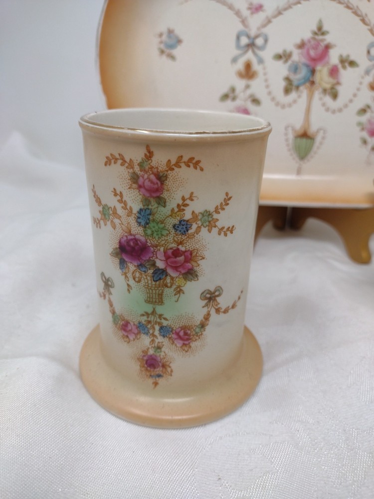 Devonware England Vanity Set Crown Tray Dish Cup Bone China Floral