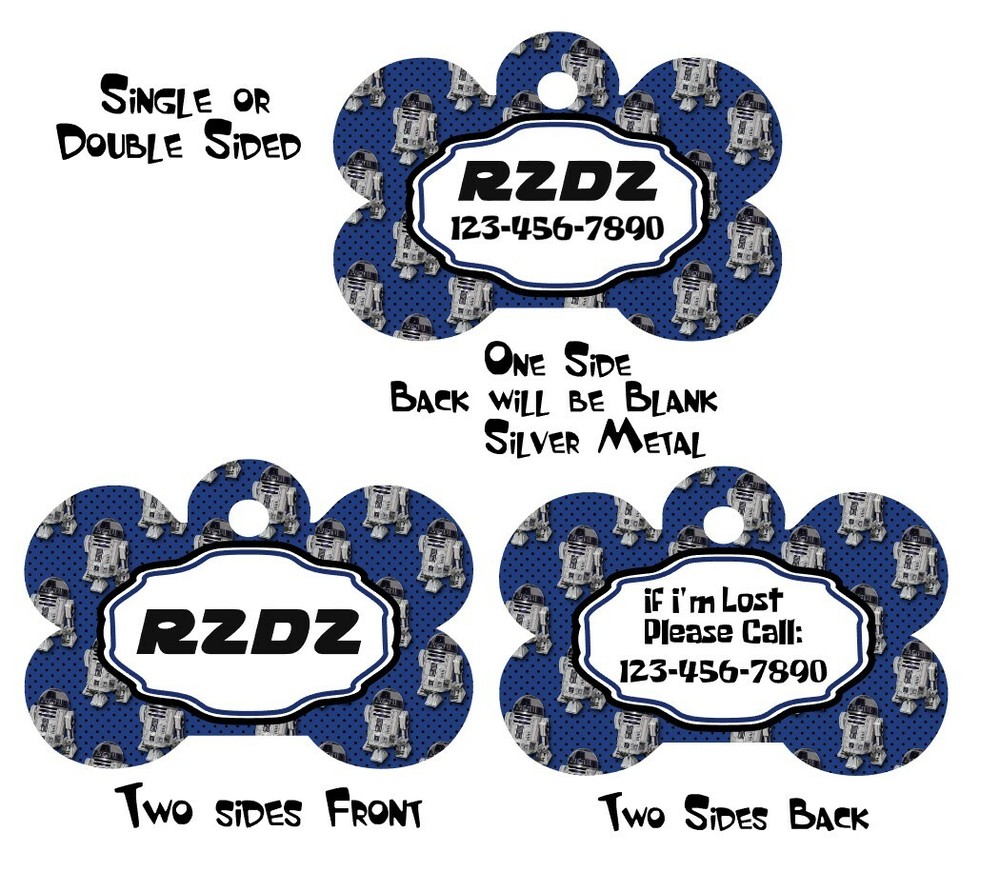 Pet ID Tag Sci Fi R2D2 Personalized Custom Double Sided Pet Tag name & Number