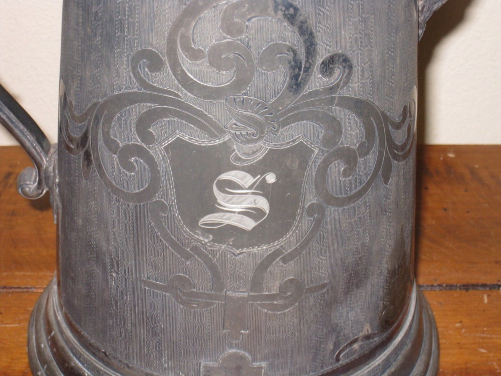 Antique Triple Plate Water Pitcher Figural Monogramed Etched