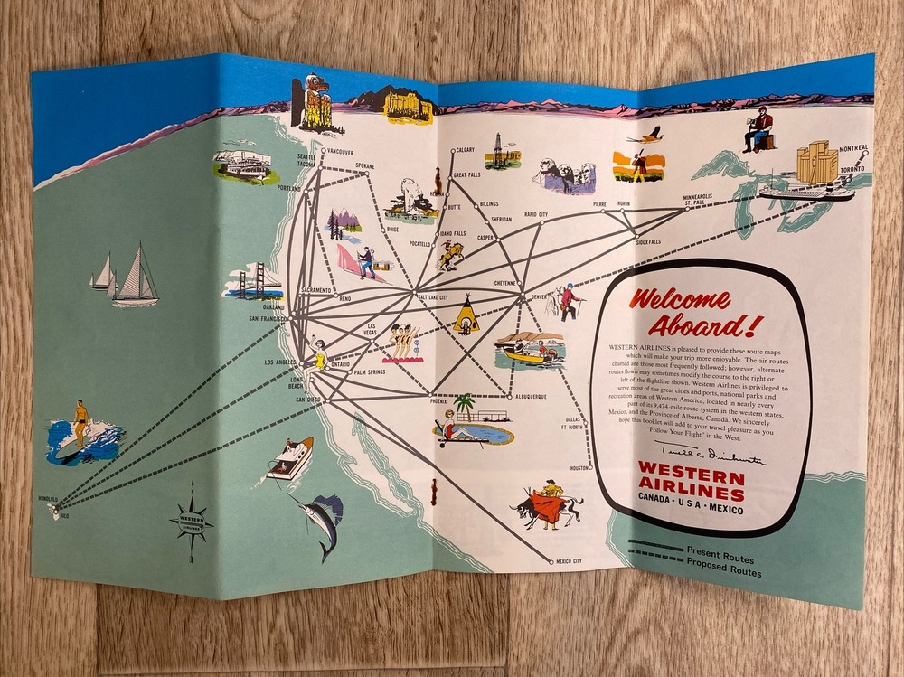 Western Airlines System Route Map and Information Guide 1960s Fold Out Maps