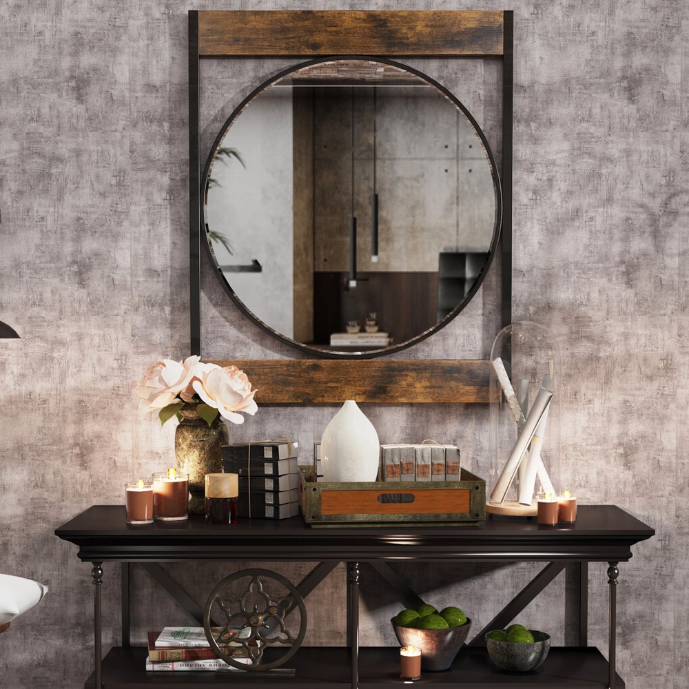 Retro Unique Wooden Bathroom Vanity Mirror Accent Mirror w/ Rustproof Iron Frame