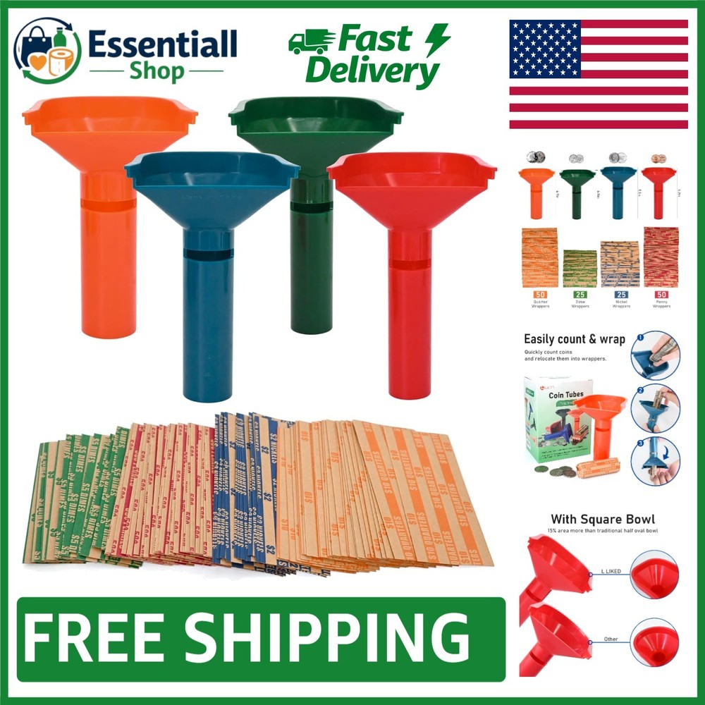 Ultimate Coin Sorting Solution: 150 Flat Stripe Wrappers & 4 Color-Coded Tubes