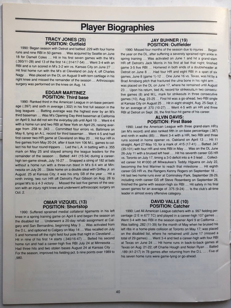 1991 Seattle Mariners Vs California Angels Spring Training Program Griffey Cover