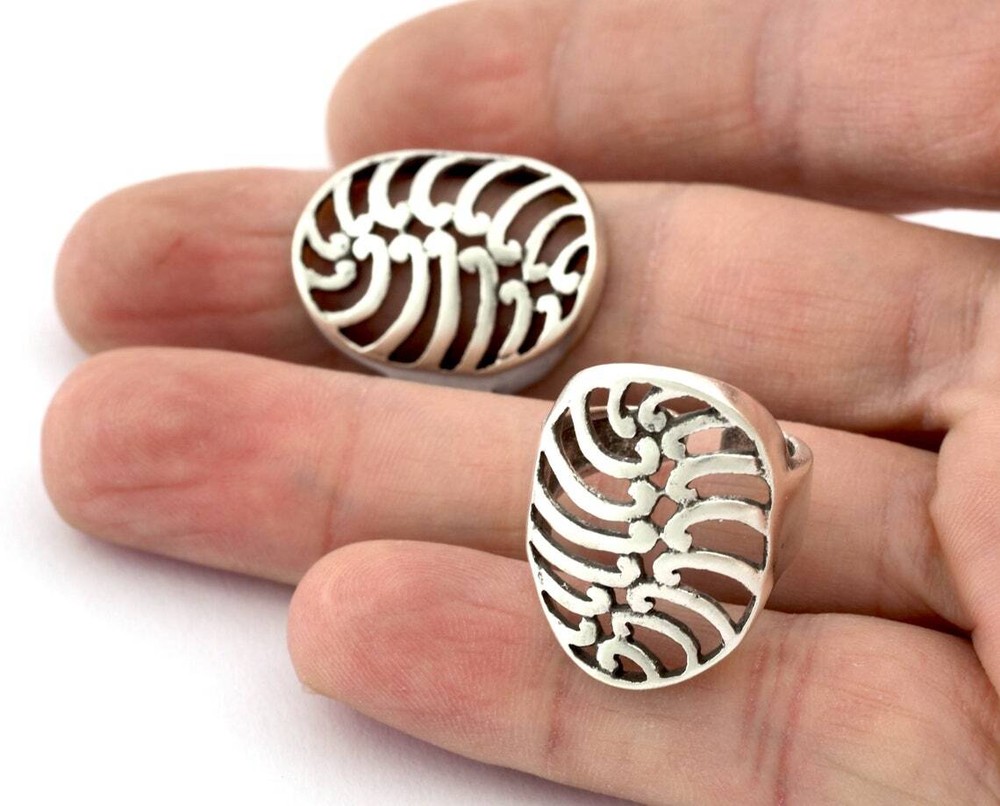Oval Ring Adjustable Raw Brass,Antique Silver Shiny silver-gold (8us) 5355