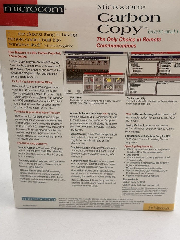 Microcom Carbon Copy v2.5 Remote in, copy files over LAN for Windows 3.1 (1993)