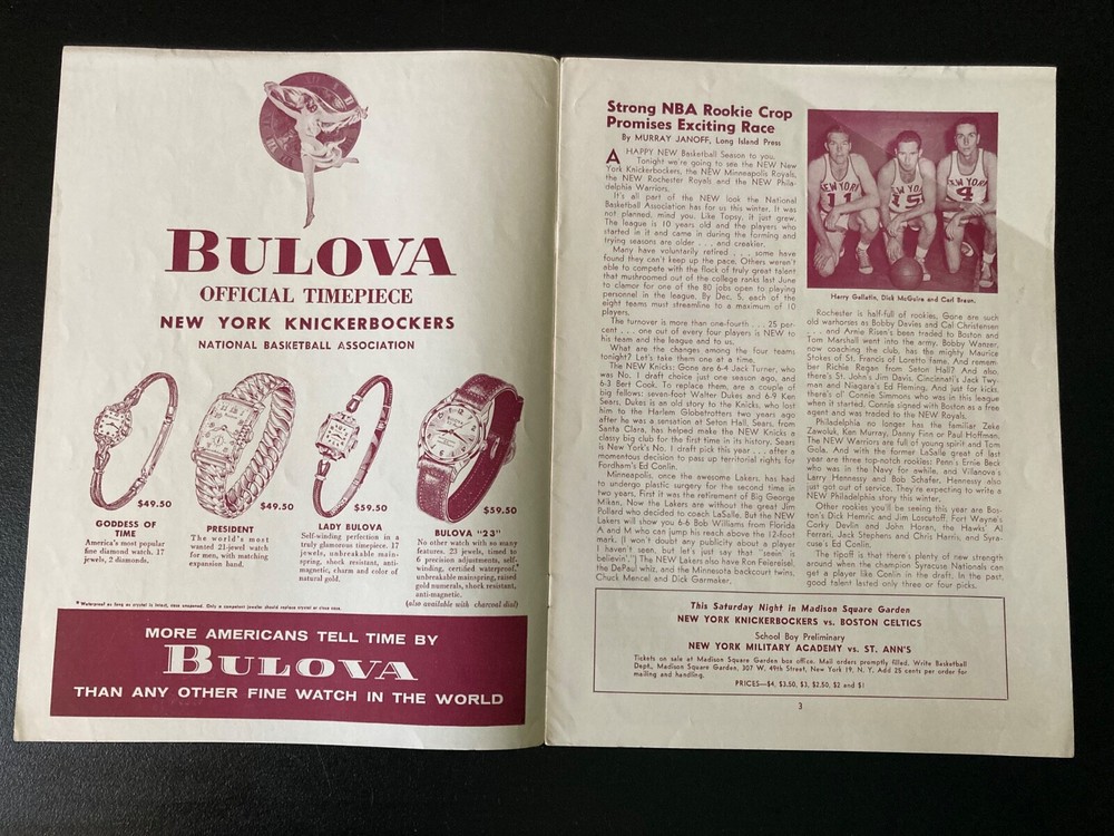 1955 NY Knickerbockers Basketball Program -