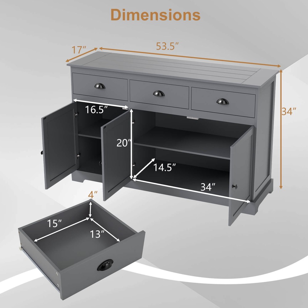 3 Drawers Sideboard Buffet Cabinet Console Table Kitchen Storage Cupboard Gray