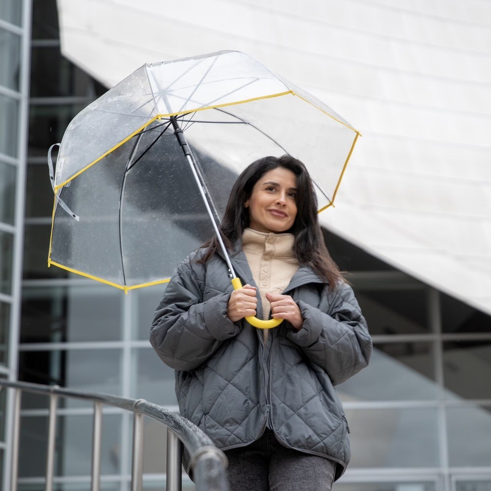 Auto Open Bubble Rain Umbrella - Clear Transparent Canopy with Yellow Handle