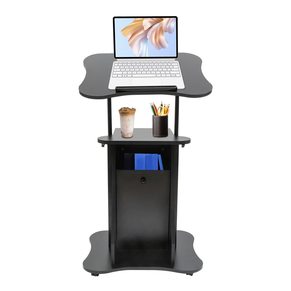 Height Adjustable Mobile Laptop Podium with Tilting Top & Storage Cabinet