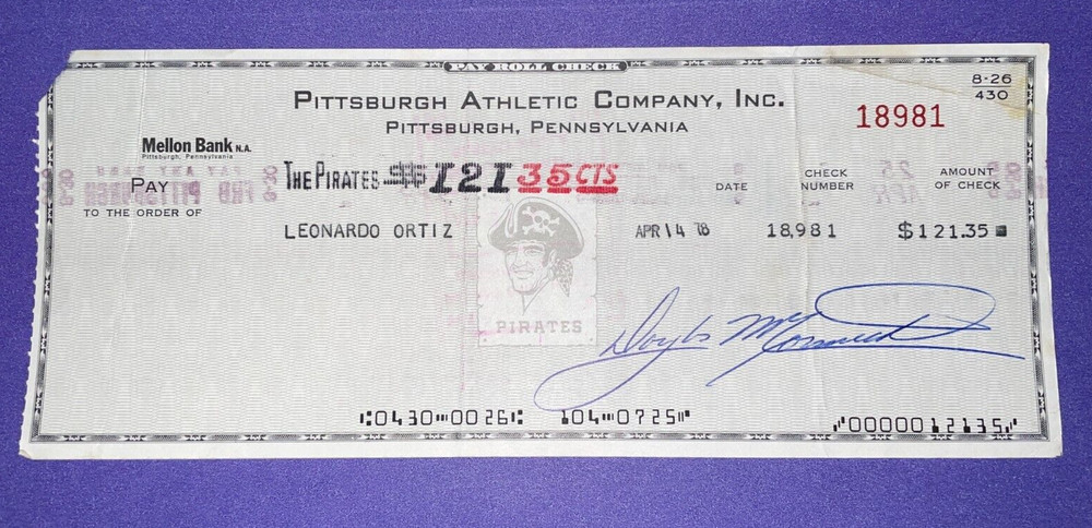 1978 Pittsburgh Pirates: Payroll Check: Leonardo Ortiz - catcher