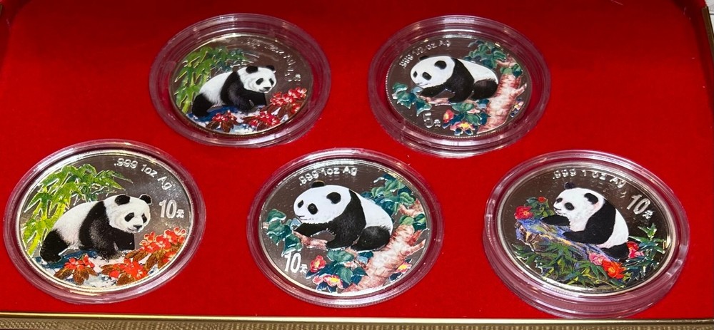 China Panda Colorized Silver 5 Coin Set W/ Case & COAs