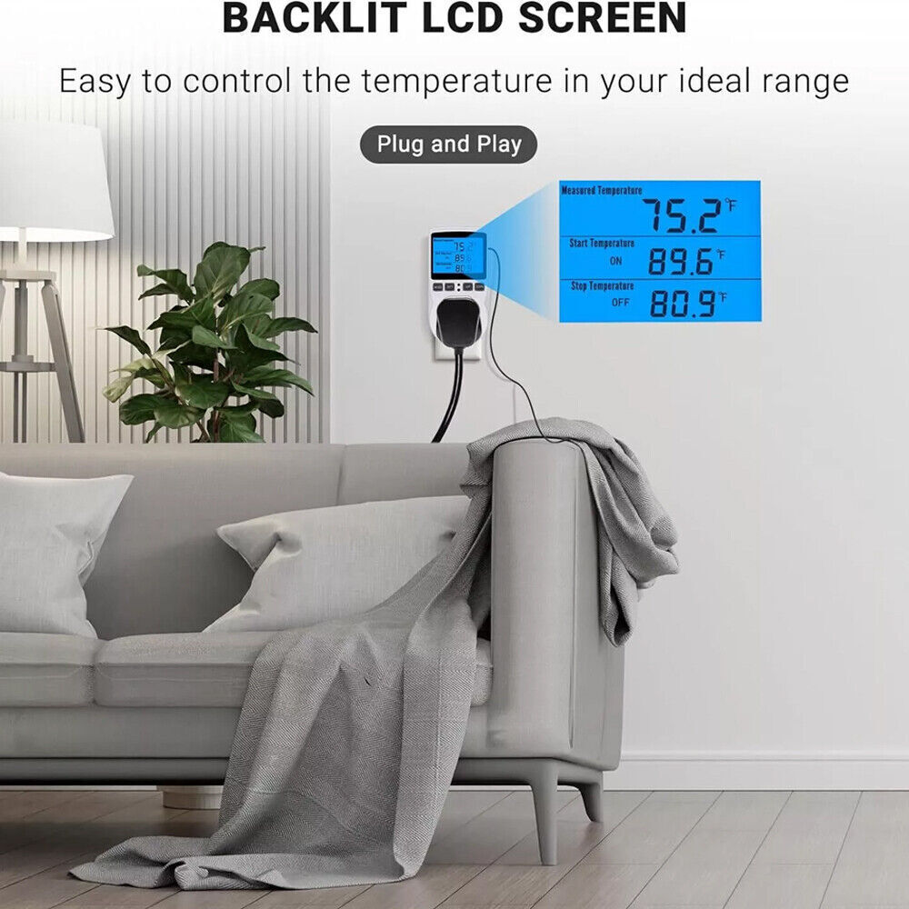 Digital Thermostat Outlet Plug Temperature Controller Heating Cooling w/ ProbzIK