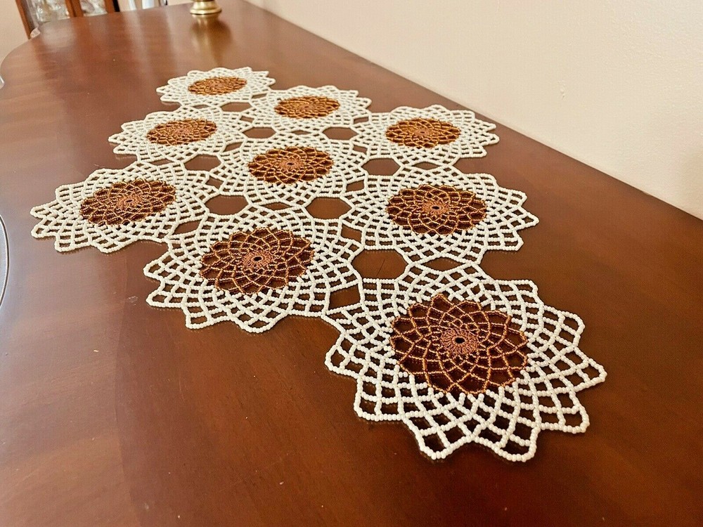 Handmade IVORY & COPPER Crochet Beaded Doily 29”/18”