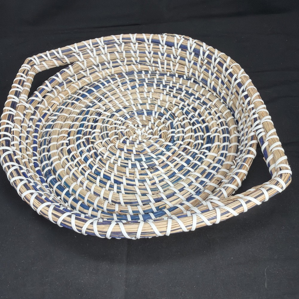 Large Seagrass Basket White Blue 12”