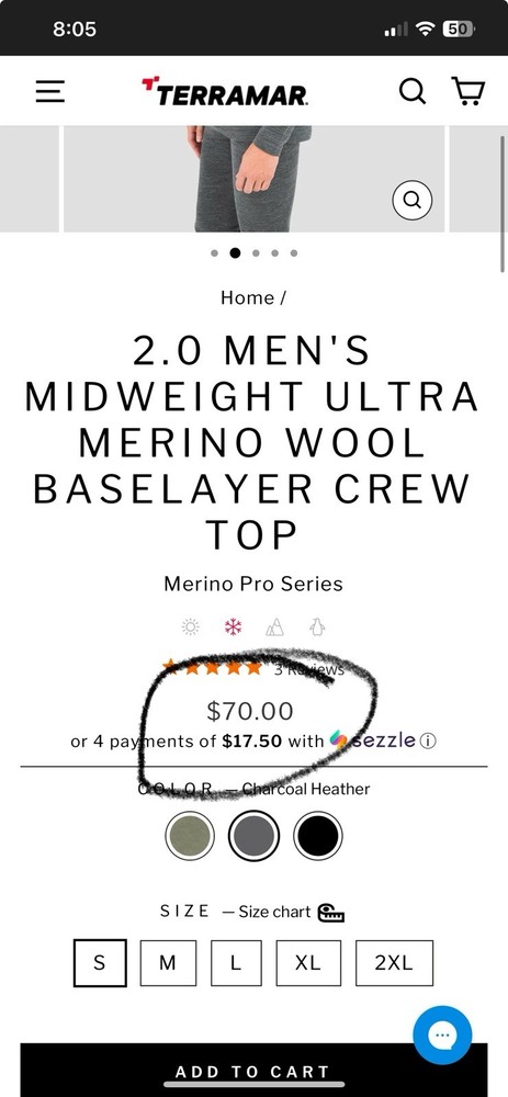 Terramar Woolskins 2.0 Base Layer Top - UPF 50, Merino Wool, Long Sleeve