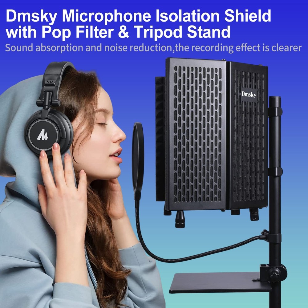 Microphone Isolation Shield with Pop Filter & Tripod Stand for Recording