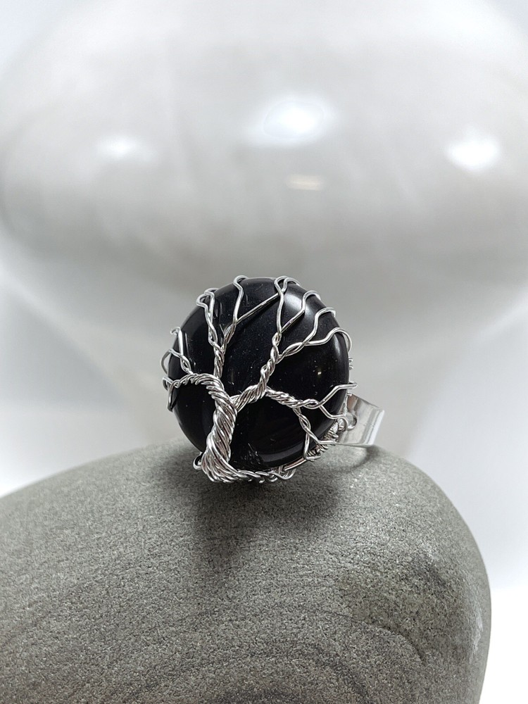 Tree of Life wire wrapped ring Black Onyx