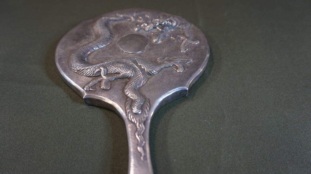 Beautiful 19th~20th Cent. Chinese Export Protruding Dragon Silver Mirror Marked