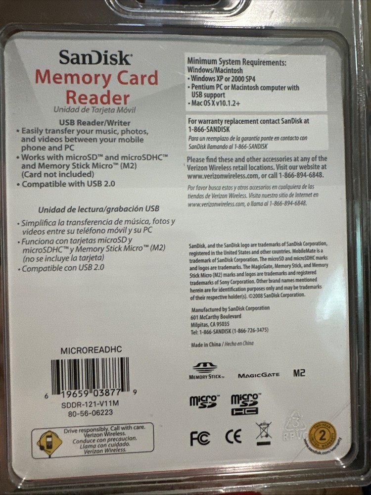 NEW Sandisk SDDR-121-V11M MobileMate Micro Memory Card Reader Verizon Wireless