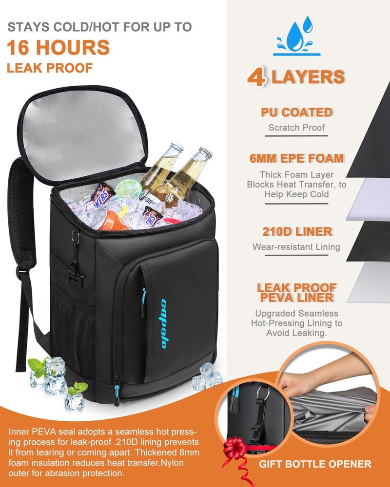 Capolo Cooler Backpack Insulated Waterproof for 36 Cans, Deep Black Leather