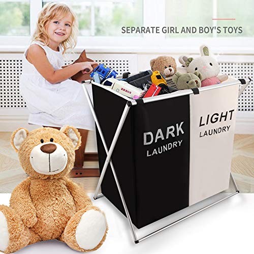 Laundry Basket 2 Section Hamper Washing Storage Basket Bag, Folding 2 sections