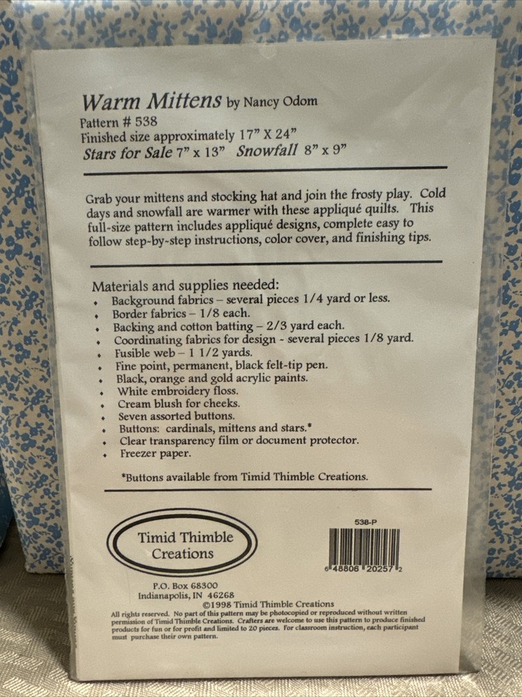 Timid Thimble Creations #538P Warm Mittens 3 wall Quilts Pattern UNCUT