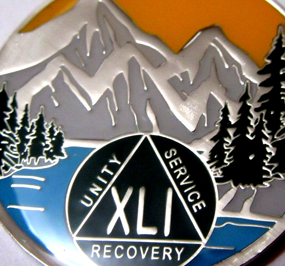 Mountain Blue green Alcoholics Anonymous 41 year AA silver Medallion Coin Token
