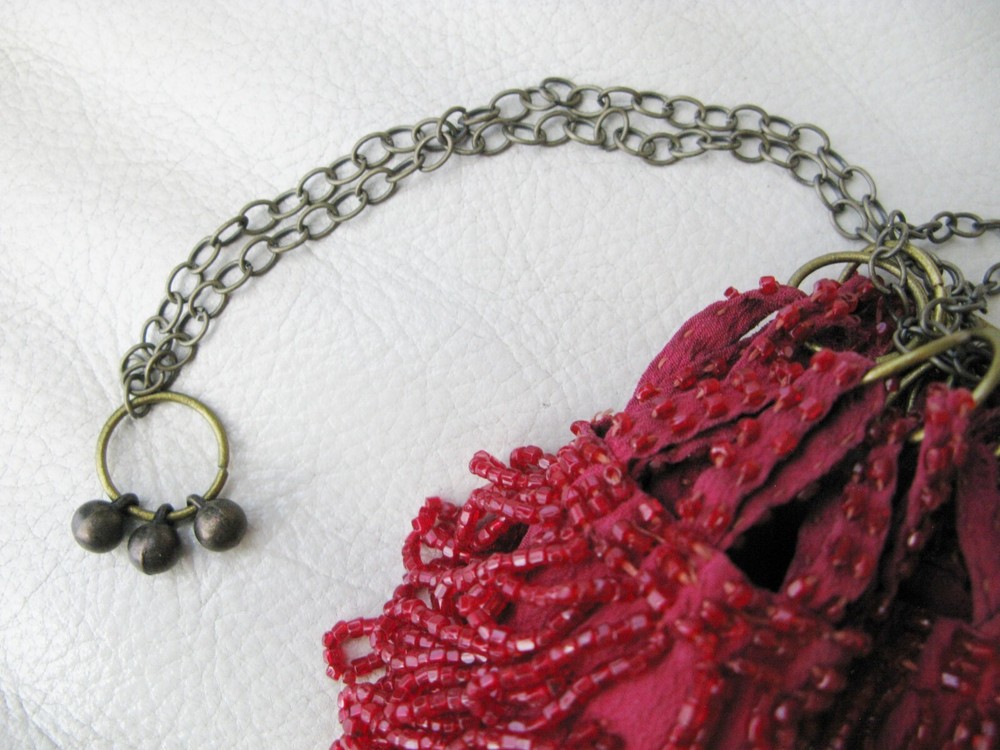 Antique Fringed Candy Apple Red Bead Drawstring Flapper Purse