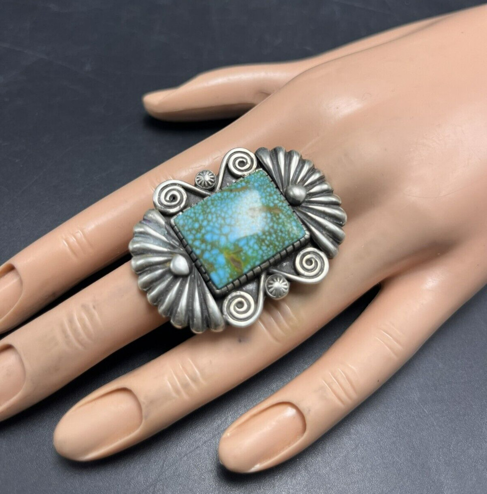 CALVIN MARTINEZ Navajo TURQUOISE with WEBBED MATRIX Sterling Silver RING size 8