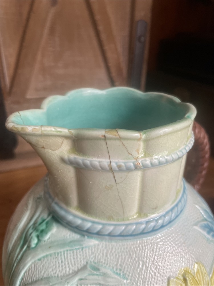 Antique Majolica Samuel Lear Pond Lily & Rope Handled Pitcher #2