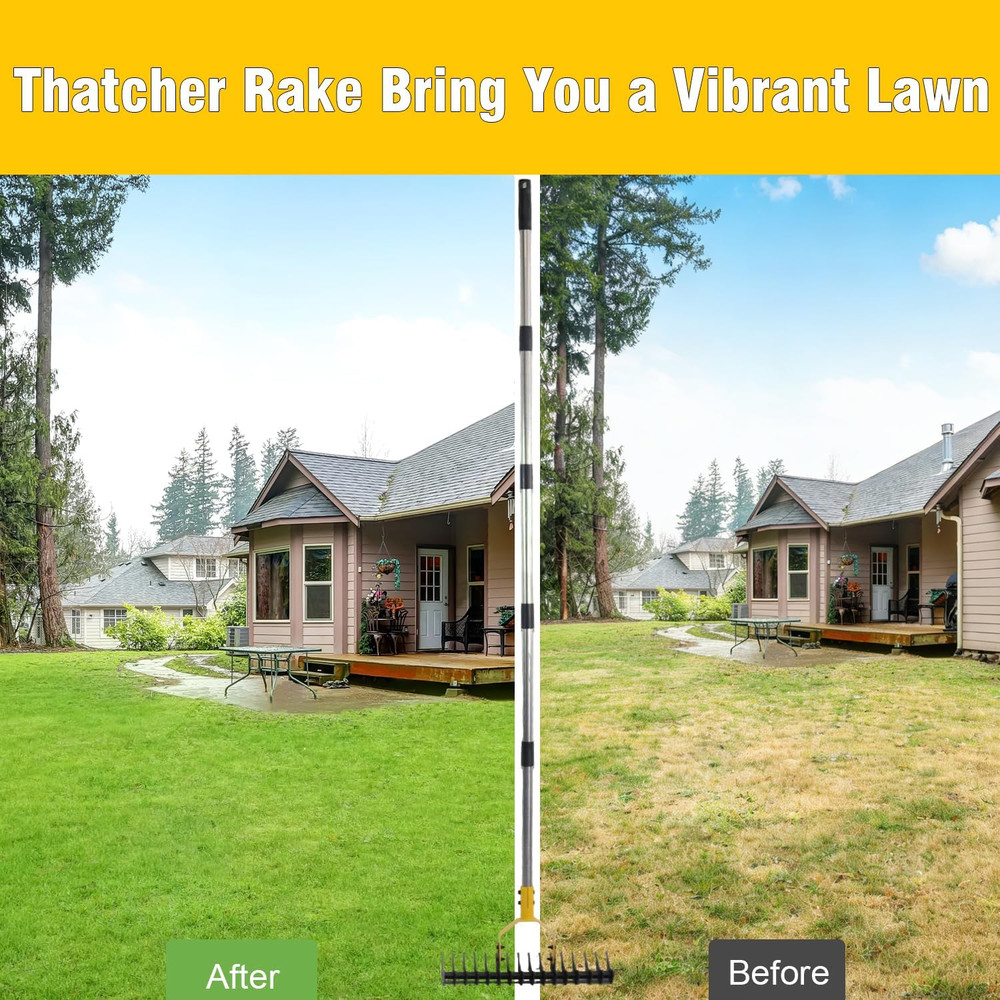 Thatch Rake, 15" Wide Lawn Dethatcher Rake, Heavy Duty Rake for Dethatching with