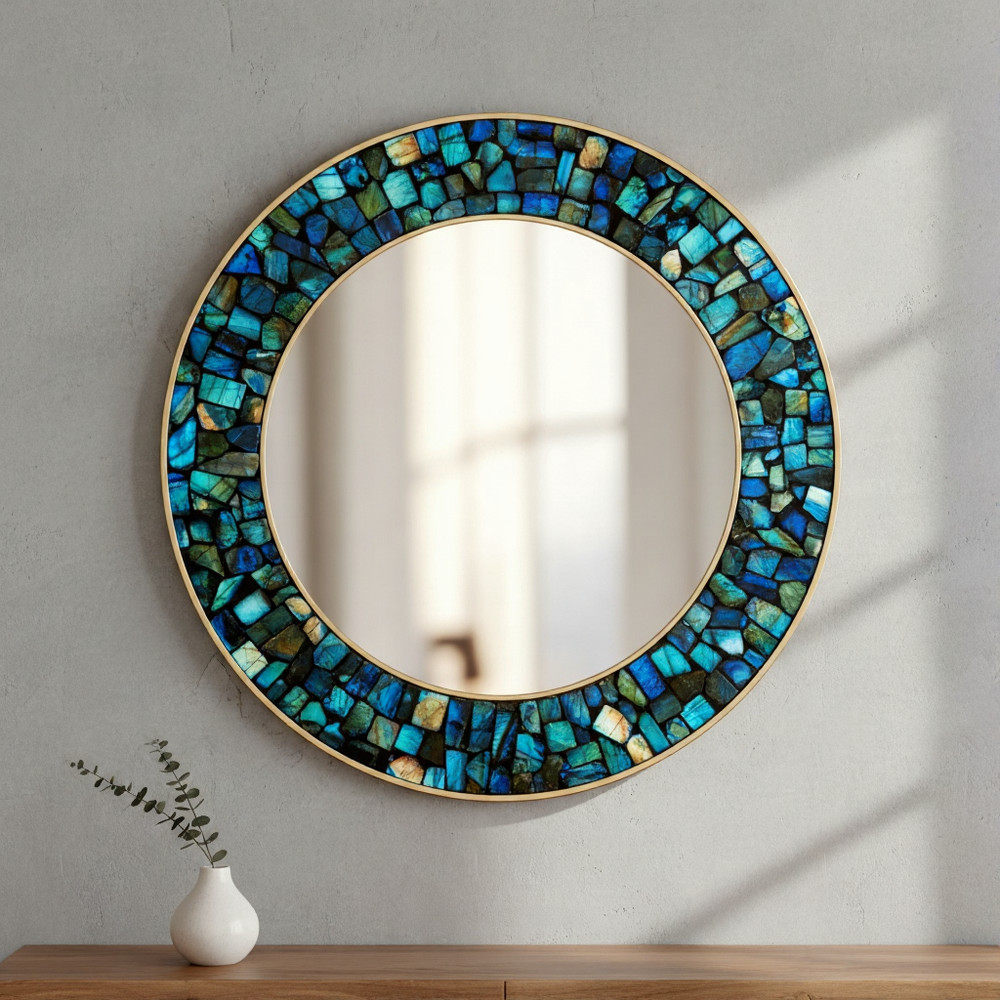 Labradorite Crystal Wall Mirror | Natural Gemstone Frame | Handmade Luxury Decor