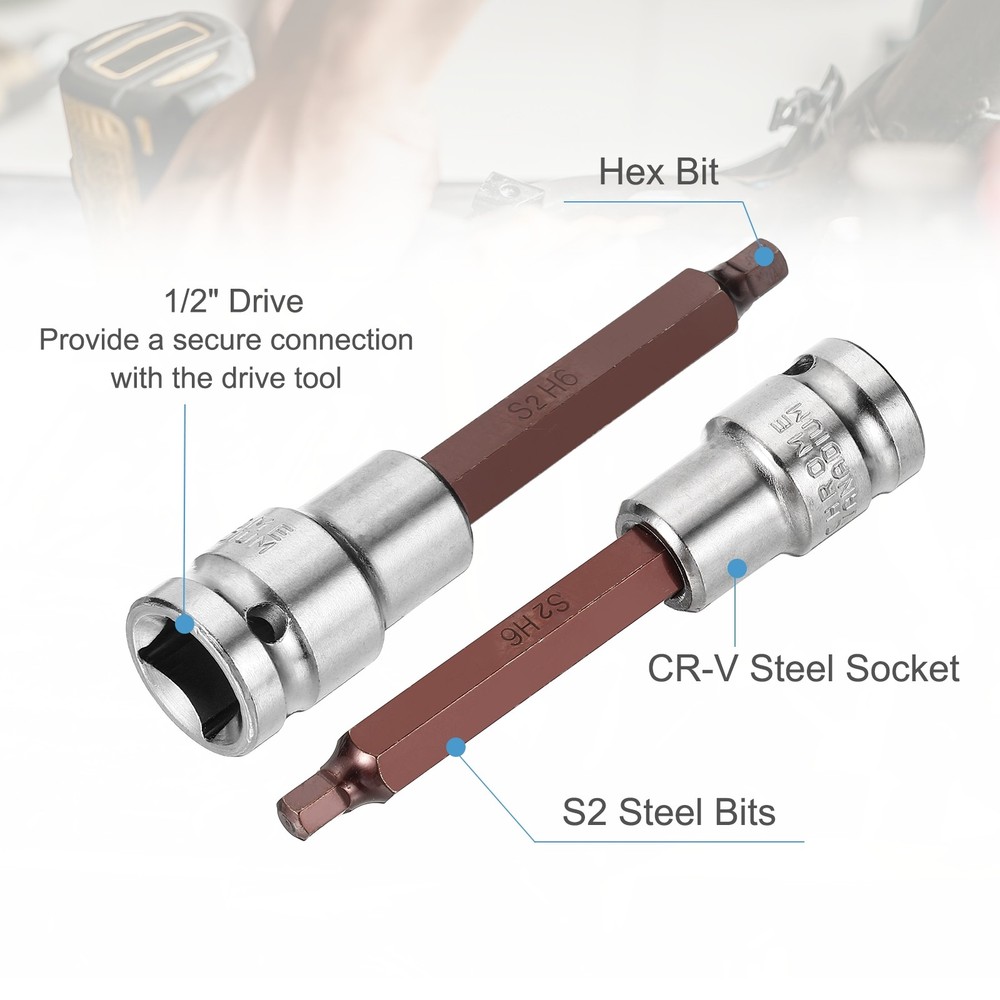 Hex Bit Socket H6 1/2" Drive 4" Length S2 Steel Long Bit CR-V Socket