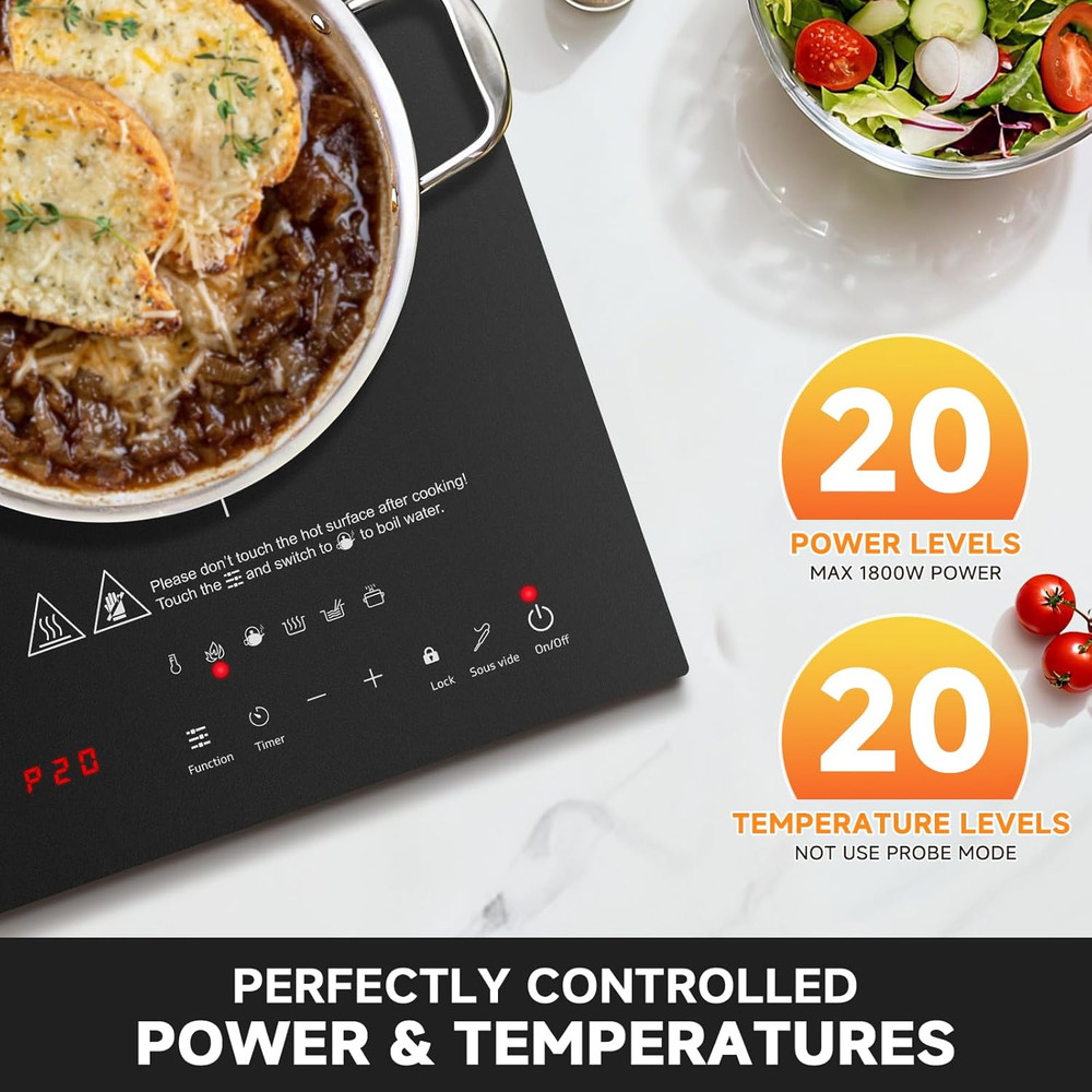 1800W Portable Induction Cooktop with 74 Temp Settings & Timer