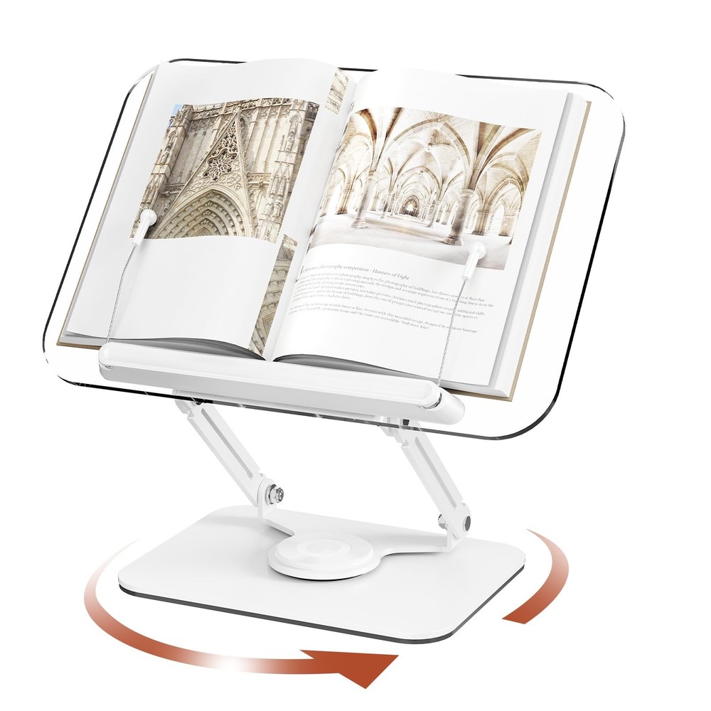 Acrylic Book Stand for Reading, Adjustable Book Holder with 360° Rotating Bas...