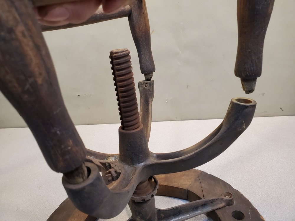 Antique Oak / Cast Iron Screw Jack Drafting Stool, Industrial, Needs Seat Caning