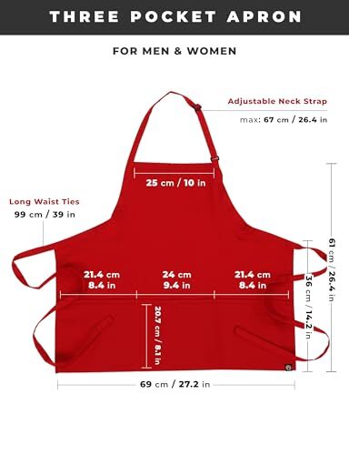 Unisex Three Pocket Apron One Size Red