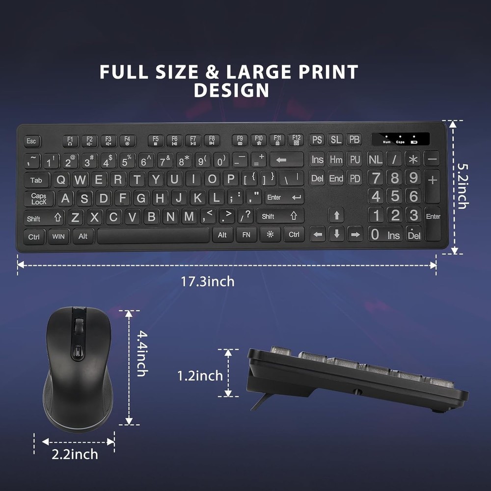 Rechargeable Backlit Large Print Keyboard with Mouse for Enhanced Visibility