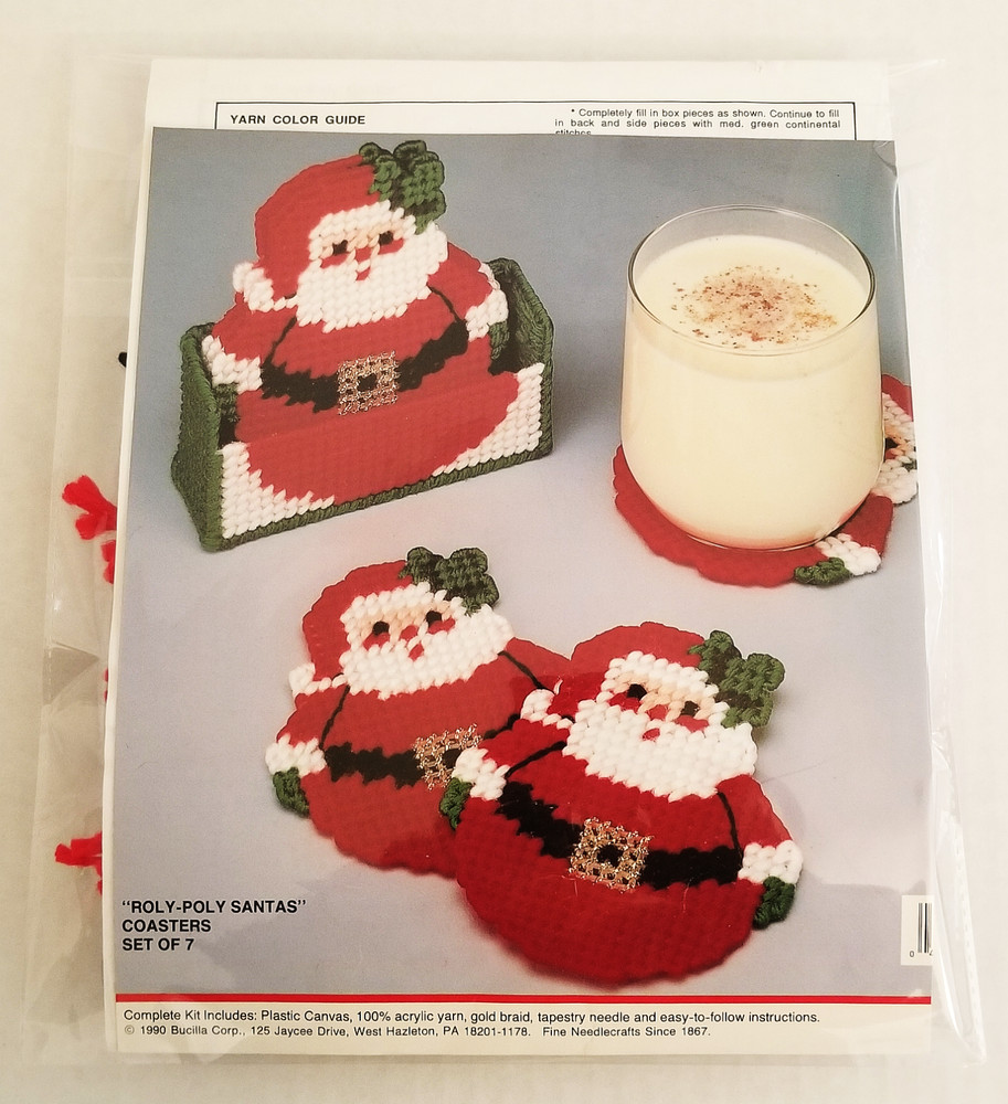 SANTA COASTERS Christmas Plastic Canvas Needlepoint Stitch Pattern Chart Frm Kit