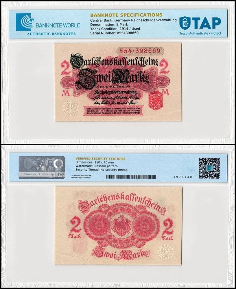 Germany 2 Mark, 1914, P-53, Used, Authenticated