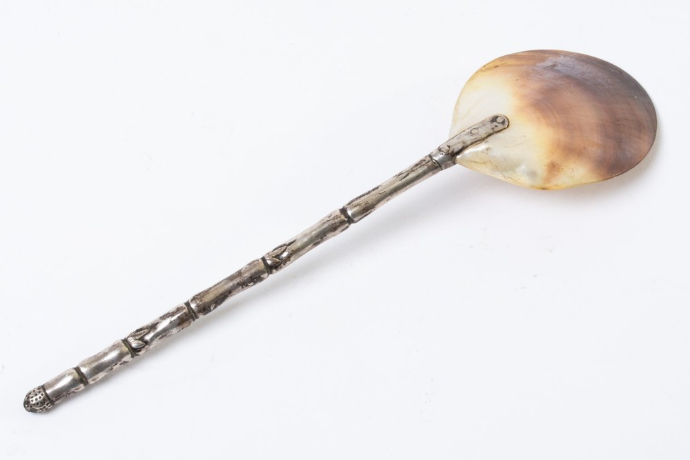 Antique Silver Plated Bamboo Handle Spoon with Shell Scoop 7.5" Long